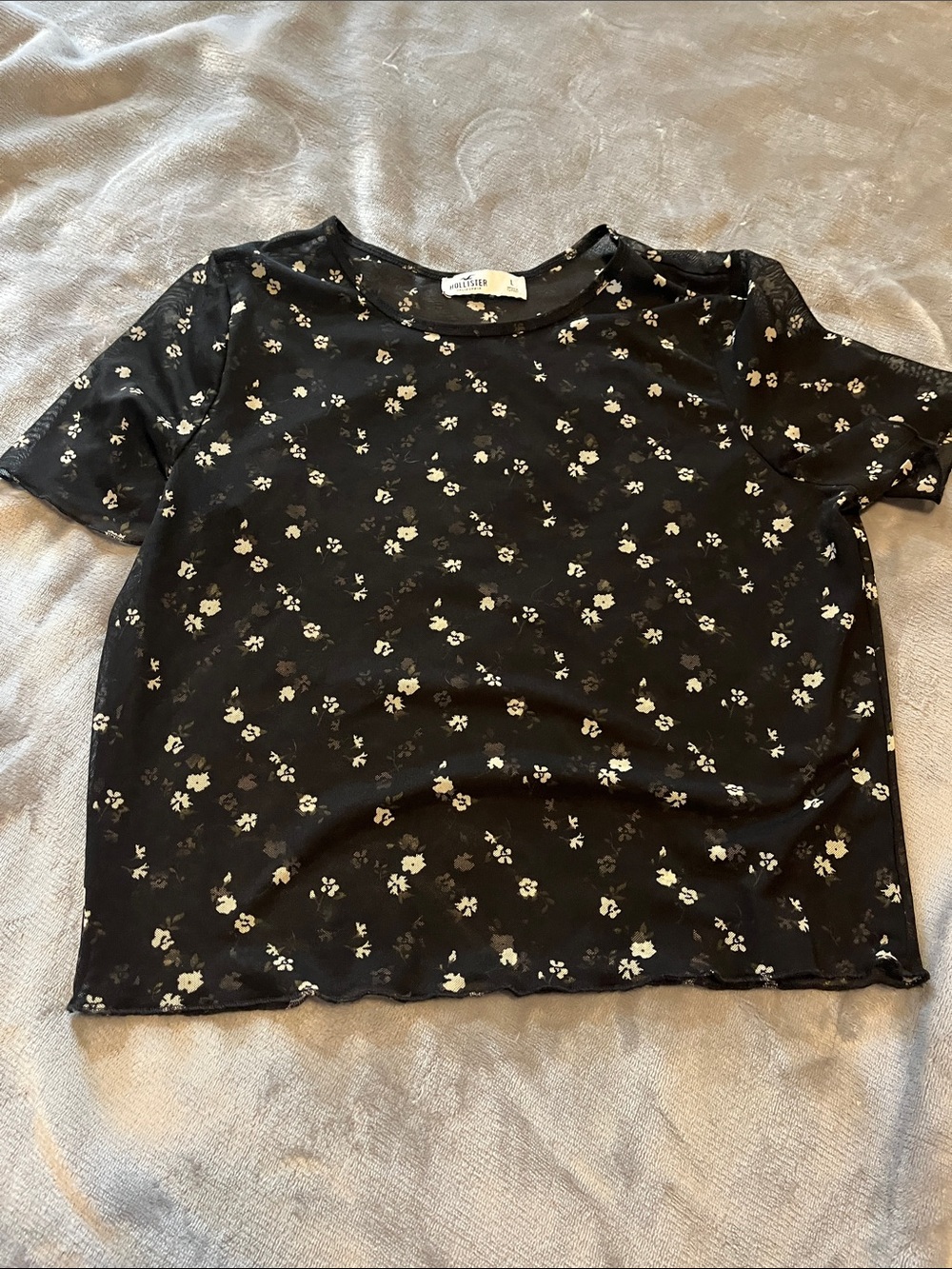 Hollister Black Short Sleeve Mesh Tee with Cream Floral Print